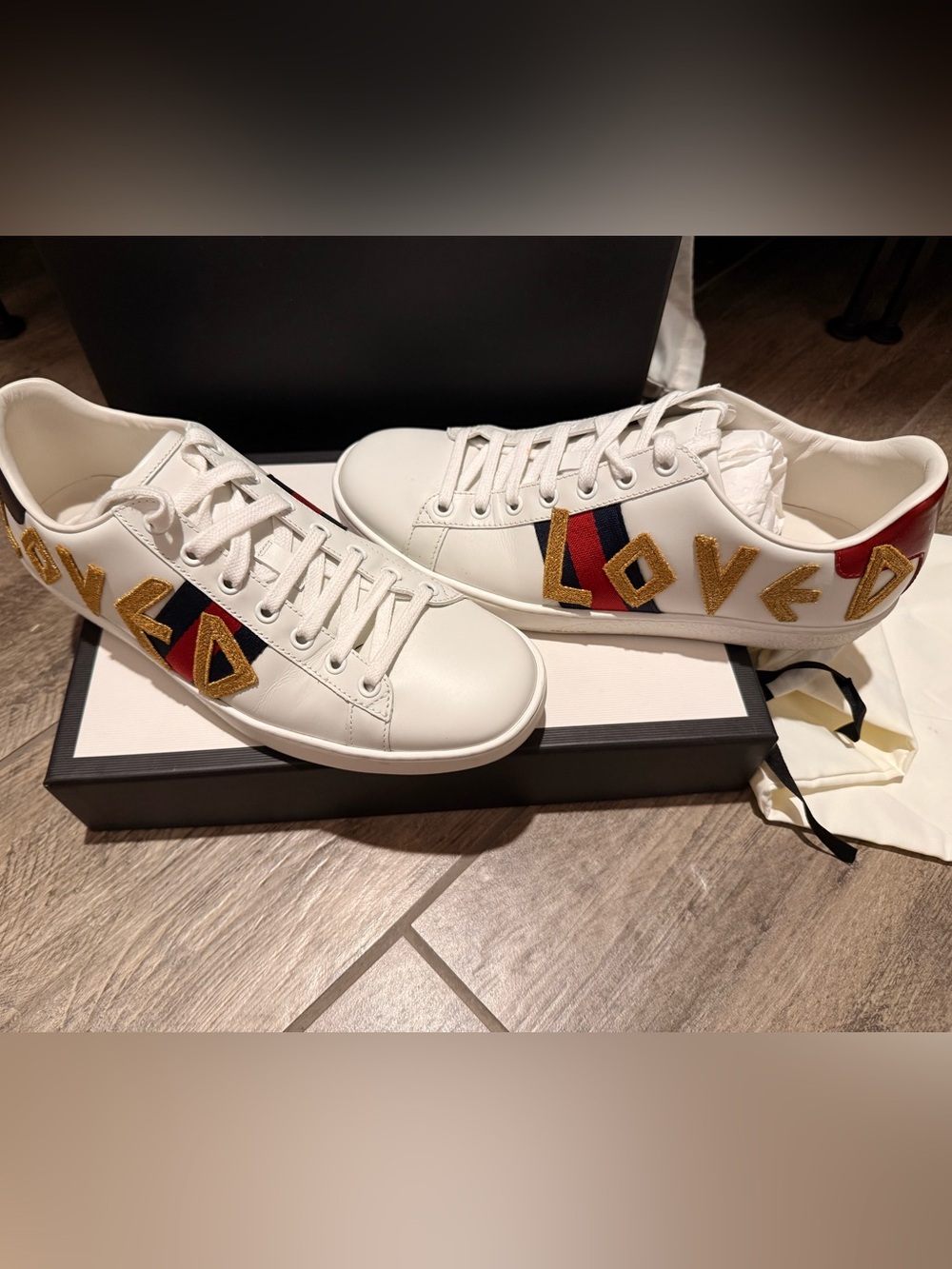 Gucci White Leather Sneakers with Red & Blue Stripe and Gold Appliqué